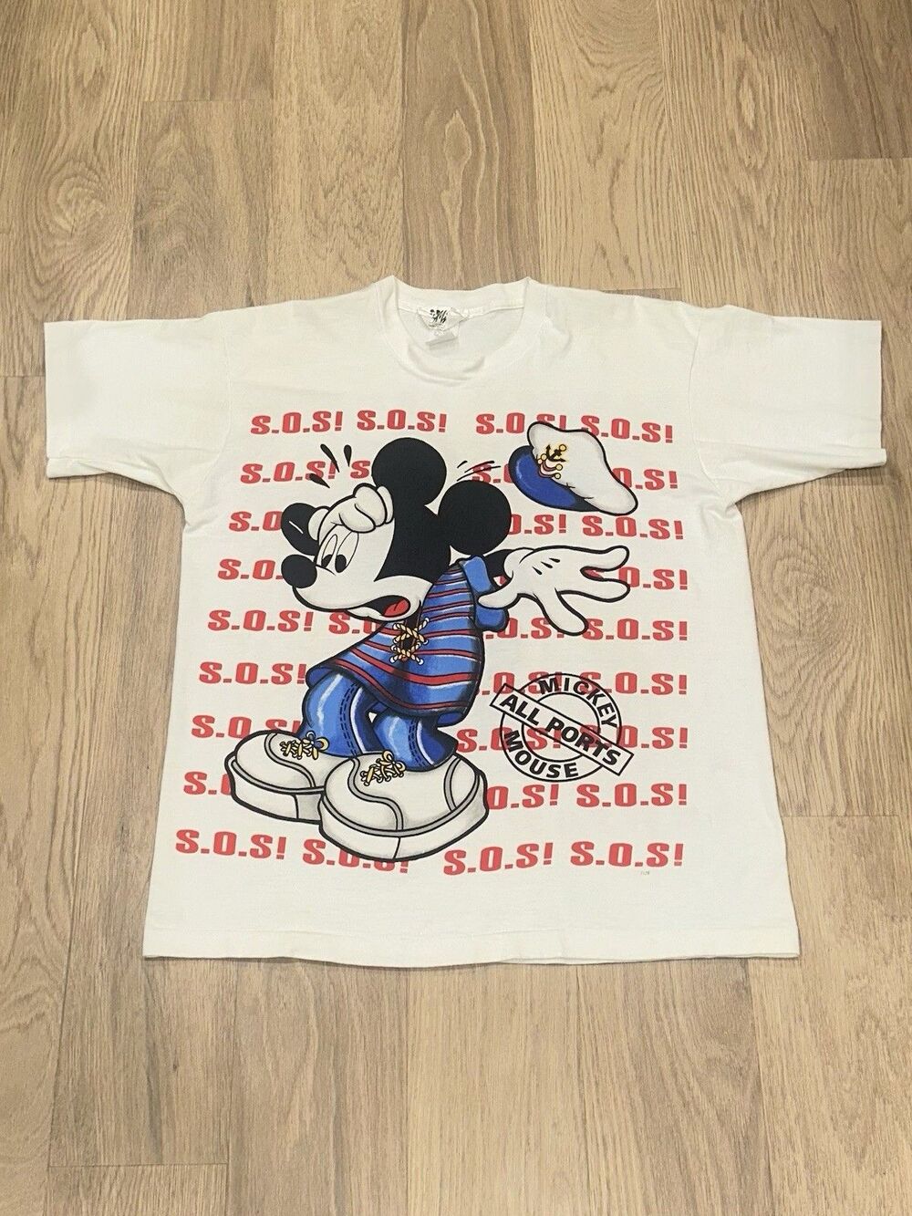 Vtg Mickey Mouse Disney SOS All Ports Graphic T Shirt Jerry Leigh Single Stitch